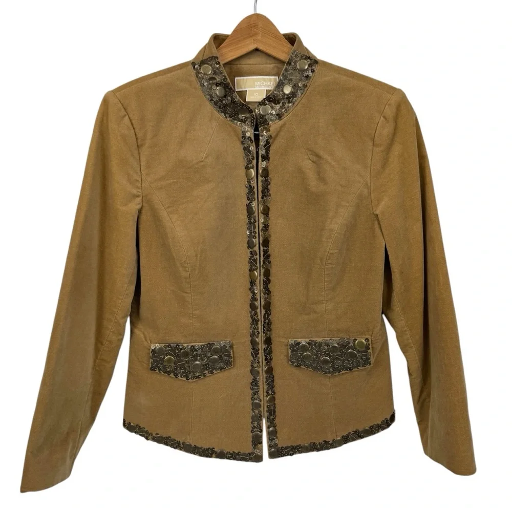 Michael Kors velvet tan tailored blazer metallic sequins & stand collar NWOT 10 - Picture 3 of 16